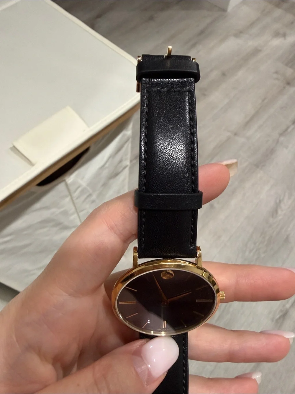 Movado Black Dial Gold-Tone Case Men's Watch with Black Leather Strap